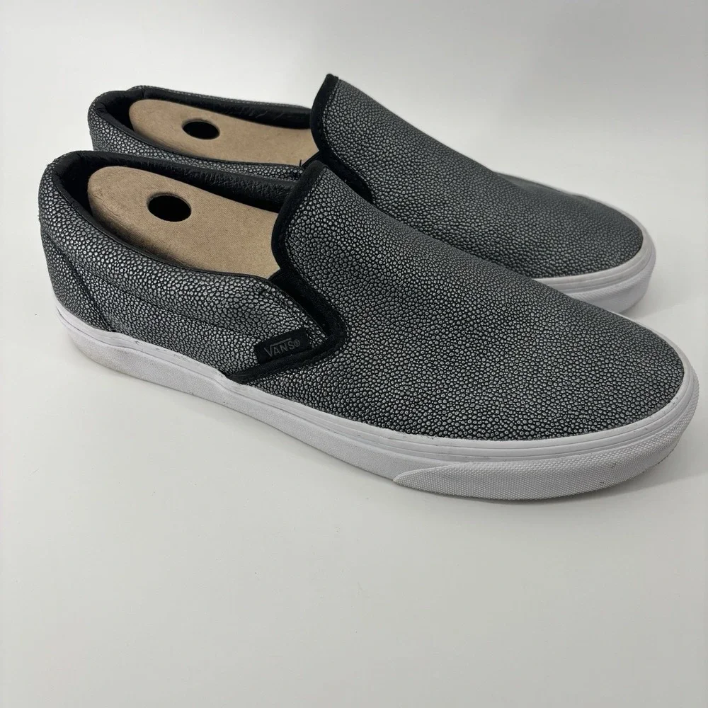 Vans Classic Slip On Shoes Womens 11 Mens 9.5 Embossed Silver Metallic Leather‎